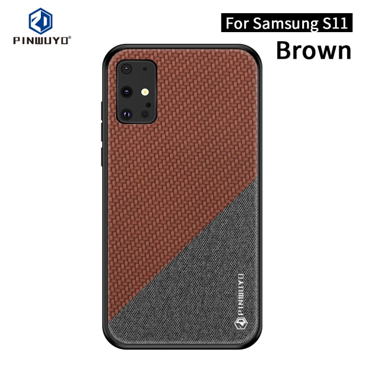 PINWUYO phone case with brown and dark gray diagonal texture, camera and flash openings.