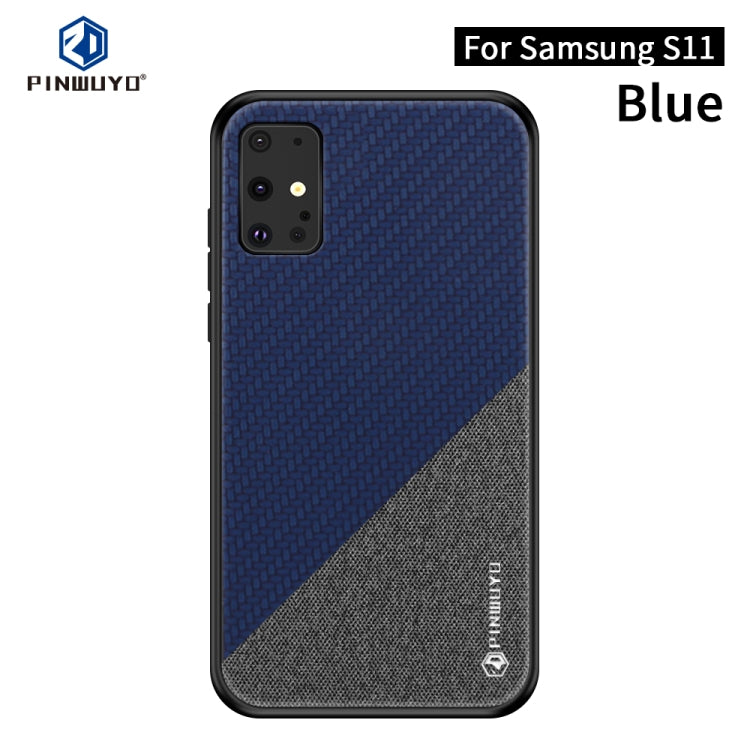 PINWUYO phone case with blue and dark gray diagonal texture, camera lens and flash openings.