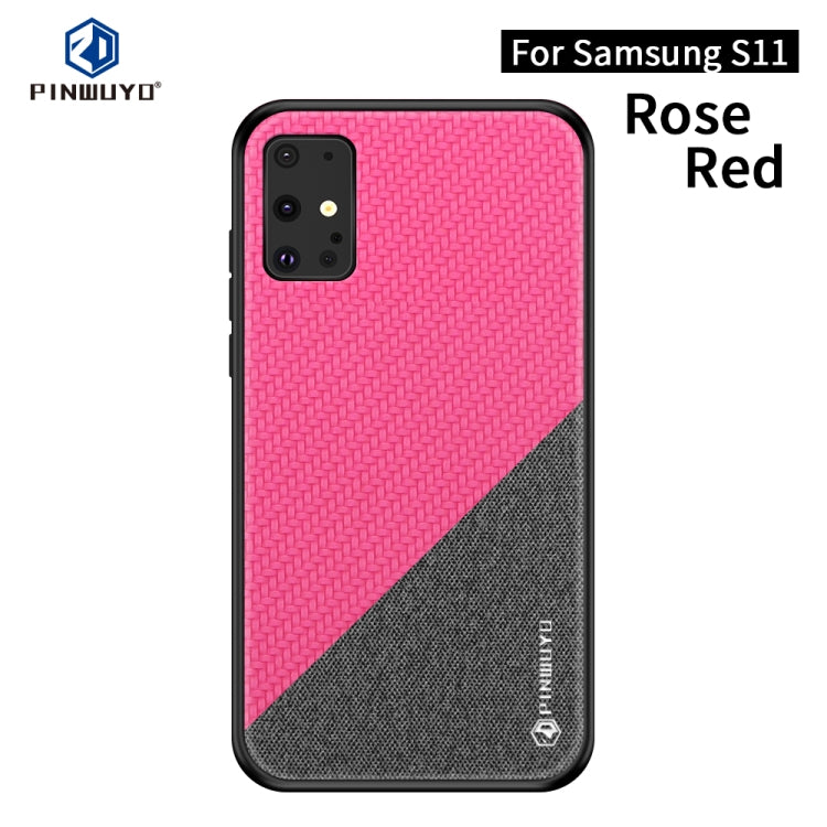 PINWUYO phone case with rose red and dark gray diagonal texture, camera and flash openings.