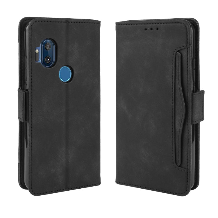 Black leather-look wallet case with blue button and phone port cutouts