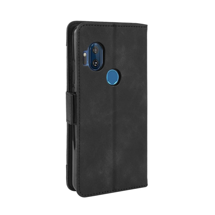 Black leather-look wallet case with blue button and side stand flap