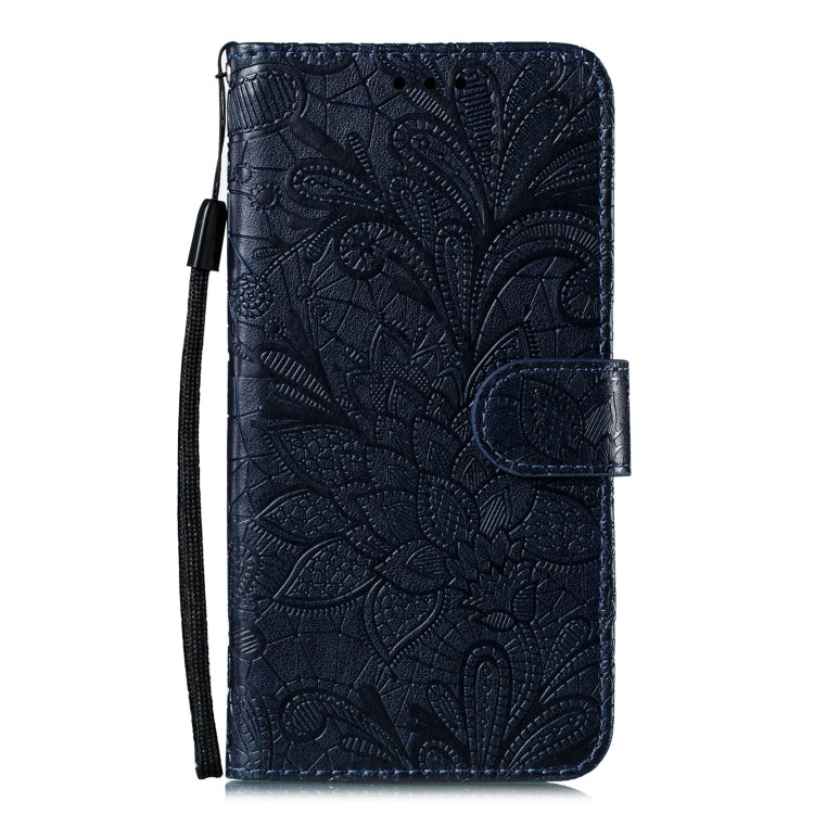 Dark blue embossed leather flip phone case with lace-flower design and wrist lanyard strap