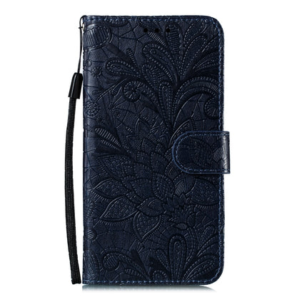 Dark blue embossed leather flip phone case with lace-flower design and wrist lanyard strap