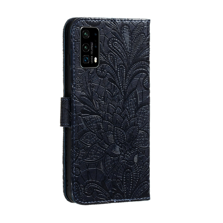Dark blue embossed leather phone case with lace-flower pattern and camera cutout