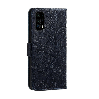 Dark blue embossed leather phone case with lace-flower pattern and camera cutout