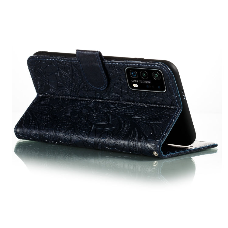 Dark blue embossed leather folio phone case with lace-flower pattern and card holder