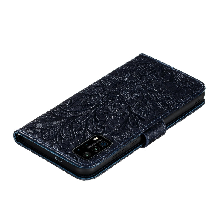 Dark blue embossed leather flip phone case with lace-flower pattern and camera cutout