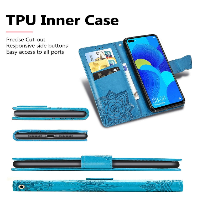 Blue embossed butterfly flip leather phone case showing front cutouts and card holder