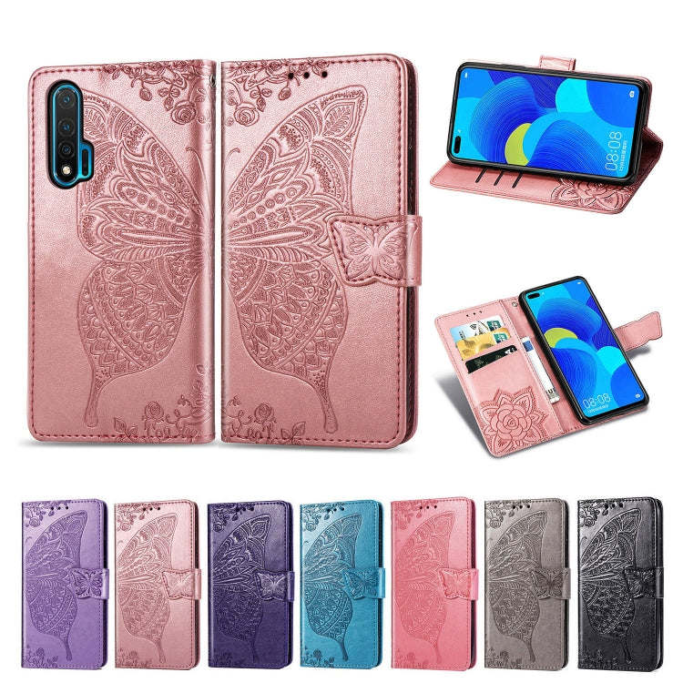Rose pink embossed butterfly flip leather phone case with side lanyard and card window