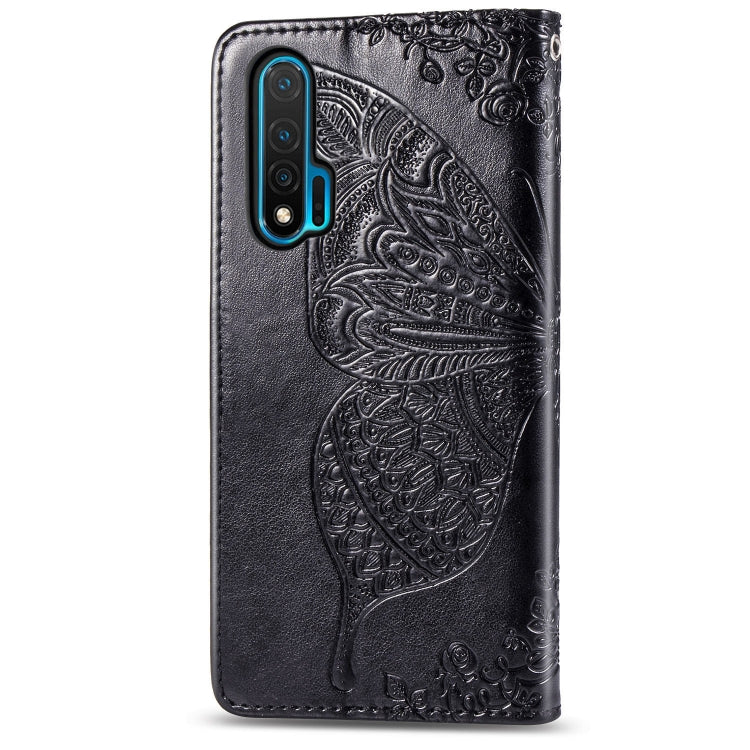 Black embossed butterfly floral leather flip phone case front view, Huawei Nova 6