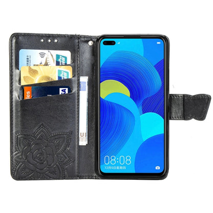 Black leather flip phone case opened with card slots and cash pocket, Huawei Nova 6
