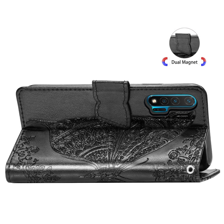 Black leather flip phone case back view with camera cutout and foldover strap, Huawei Nova 6