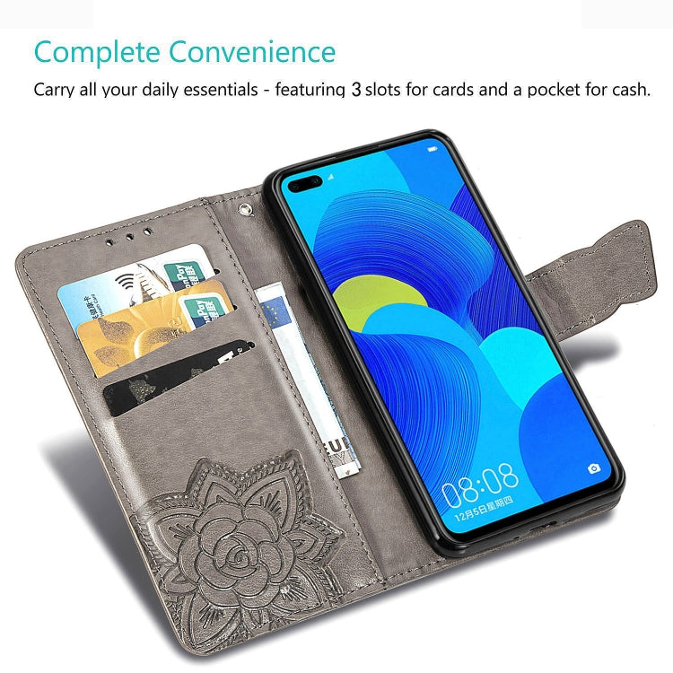 Gray leather flip phone case opened with card slots and cash pocket, Huawei Nova 6