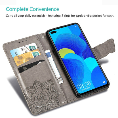 Gray leather flip phone case opened with card slots and cash pocket, Huawei Nova 6