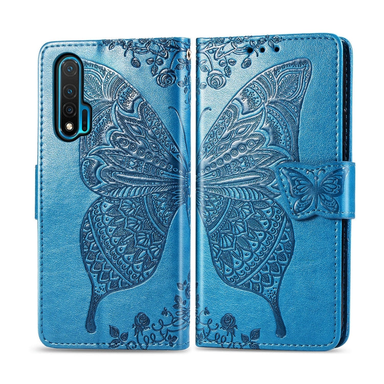 Blue embossed butterfly flip leather phone case with magnetic strap closure