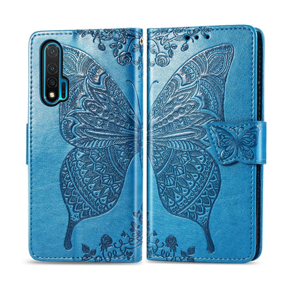 Blue embossed butterfly flip leather phone case with magnetic strap closure