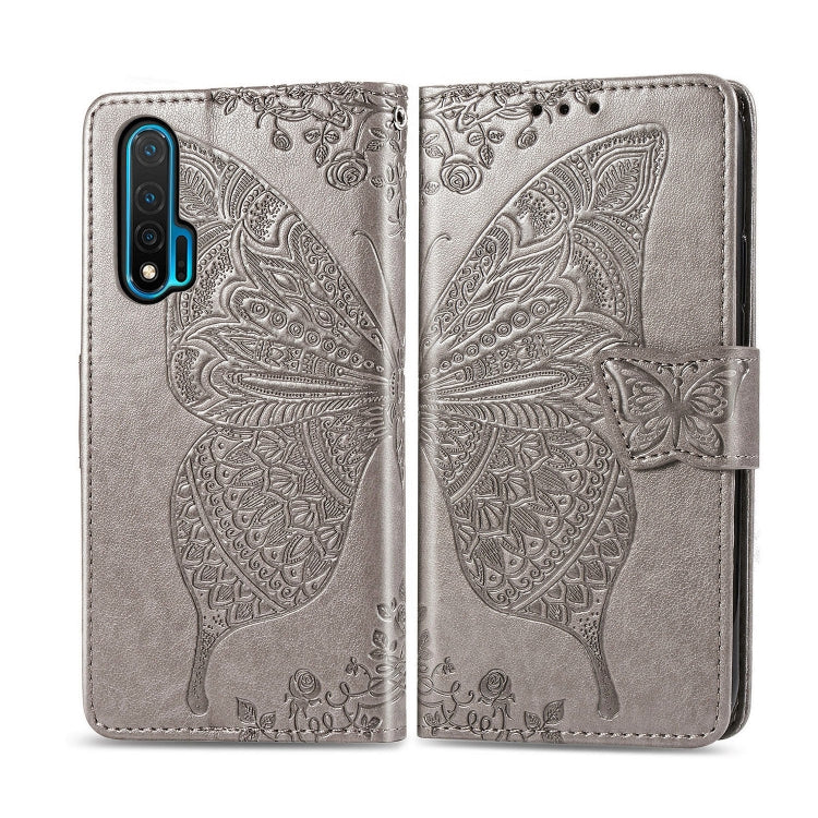 Gray embossed butterfly flip leather phone case with magnetic strap closure