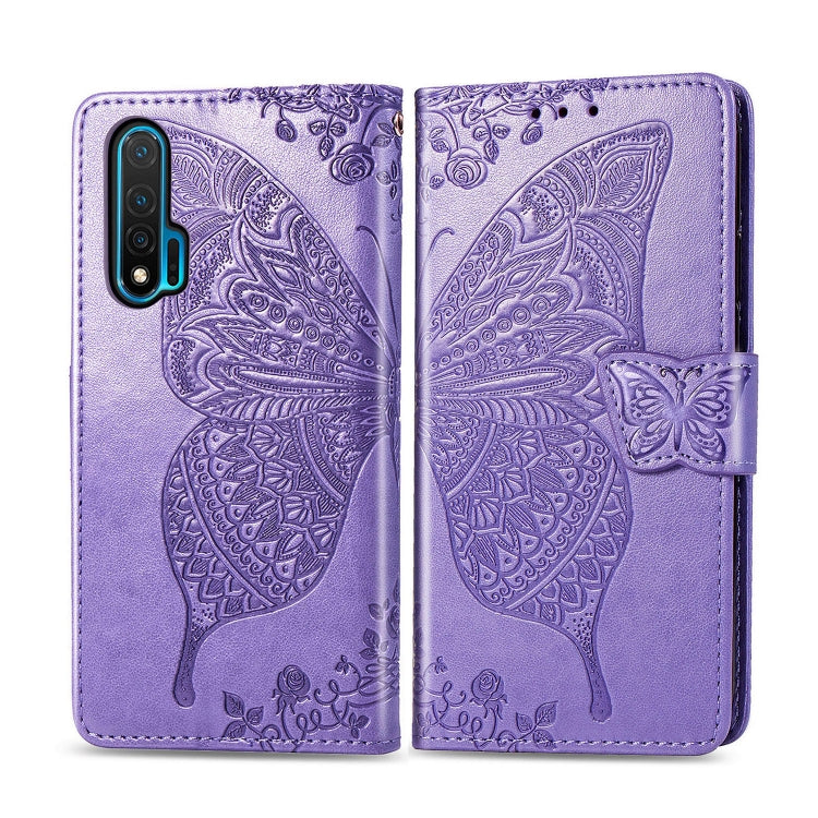 Light purple embossed butterfly flip leather phone case with magnetic strap closure