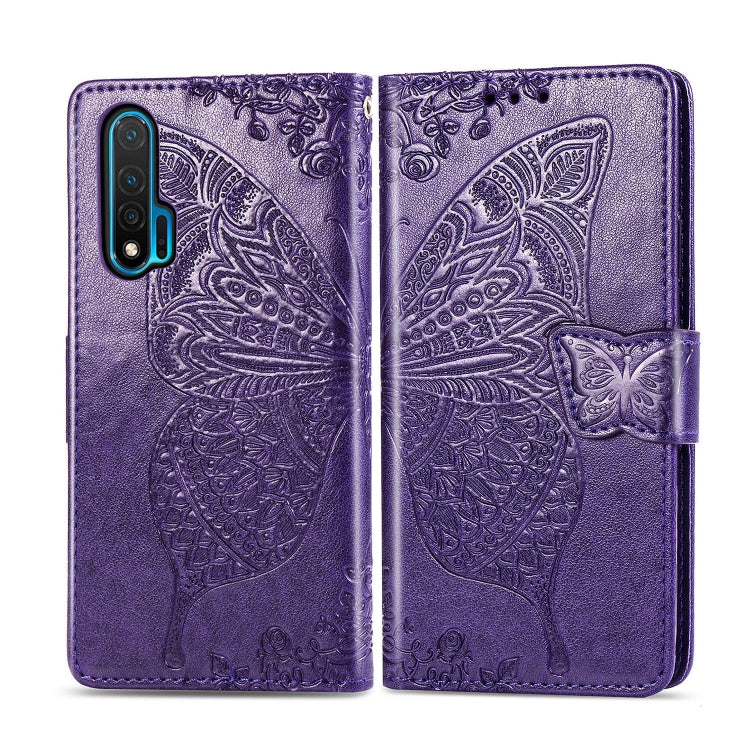 Dark purple embossed butterfly flip leather phone case with magnetic strap closure