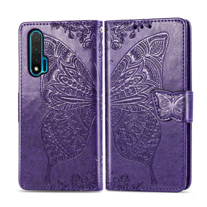 Dark purple embossed butterfly flip leather phone case with magnetic strap closure