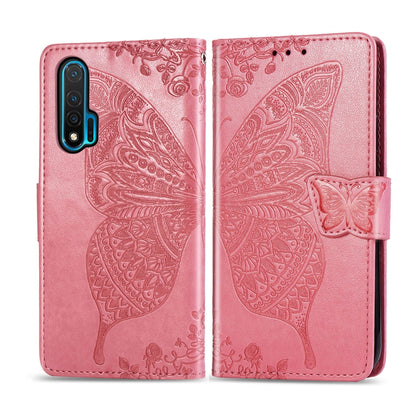 Pink embossed butterfly flip leather phone case with magnetic strap closure