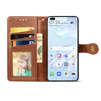 Brown wallet phone case opened with card/photo holder and visible phone screen