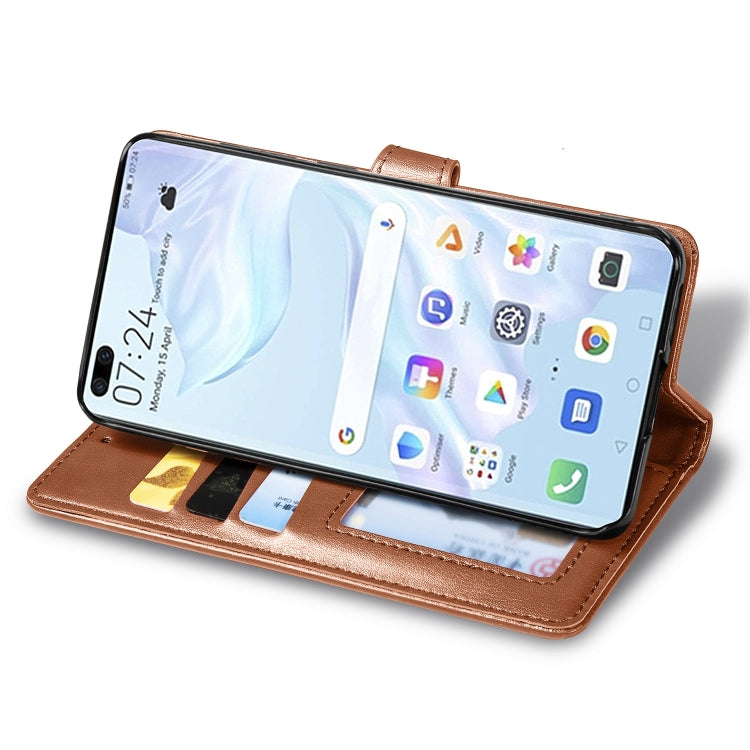 Brown wallet phone case with front stand view and card slots holding phone upright