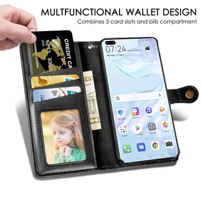 Black leather-style wallet phone case with card slots and photo window