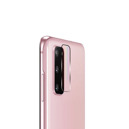 Tempered glass camera lens protector film on pink phone back with dual camera cutout