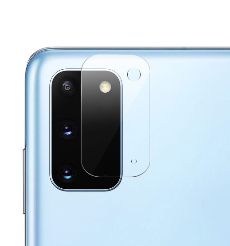 Tempered glass rear camera lens protector film on blue phone back with camera cutout