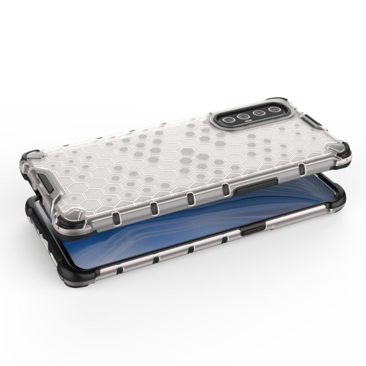 Shockproof honeycomb phone case with TPU edges, clear/white, side view, for OPPO Reno 3 Pro