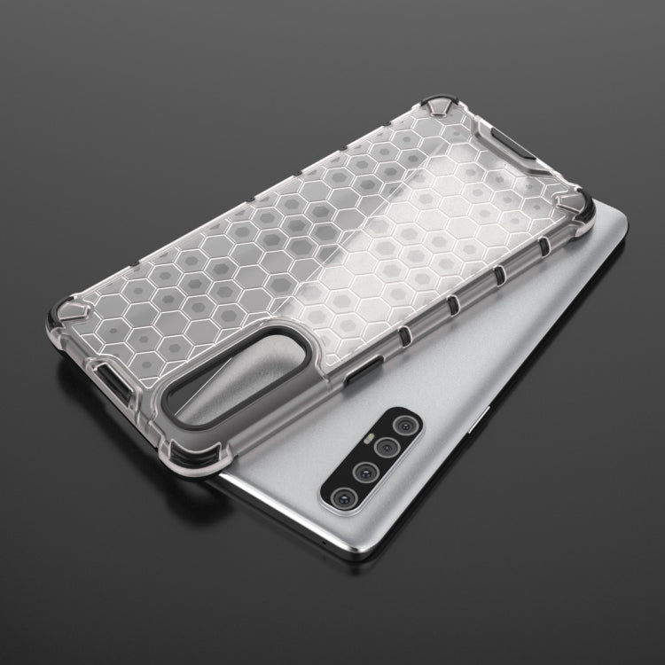 Shockproof honeycomb phone case with TPU edges, clear/white, angled back view