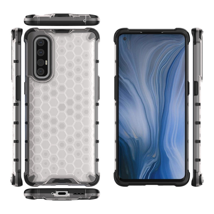 Shockproof honeycomb phone case with TPU edges, clear/white, on phone front and back