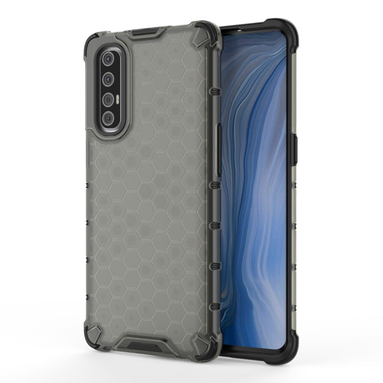 Shockproof honeycomb phone case with TPU edges, grey, on phone back and front