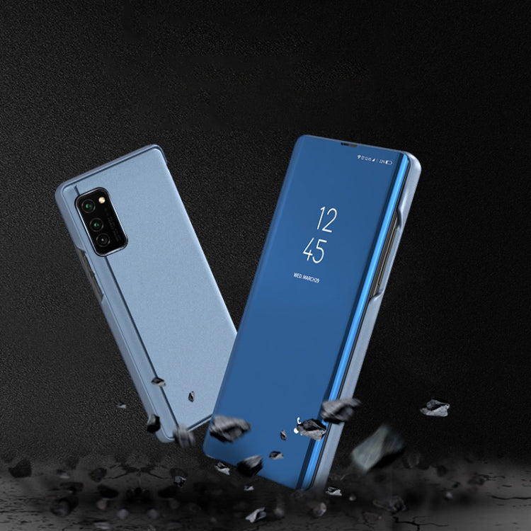 Huawei P40 flip leather case with mirror front and card holder, light blue and front view