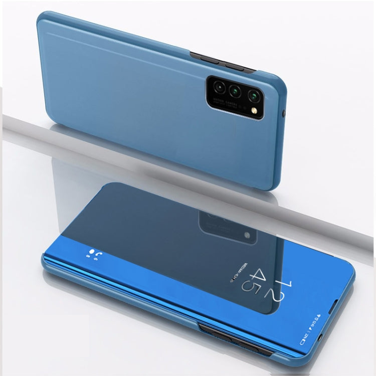 Blue mirror flip leather case with holder for Huawei P40, front and open-flip view