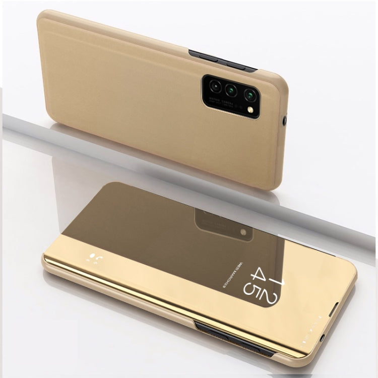Gold/beige mirror flip leather case with holder for Huawei P40, front and open-flip view