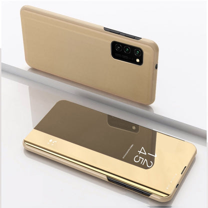 Gold/beige mirror flip leather case with holder for Huawei P40, front and open-flip view