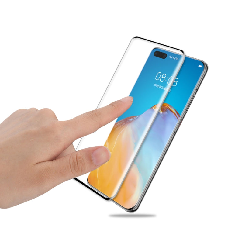 Huawei P40 Pro 3D curved tempered glass screen protector being applied by hand