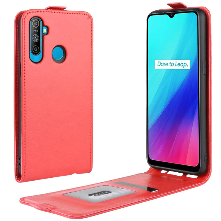Red PU leather flip phone case with card slot and folio cover, front and opened view