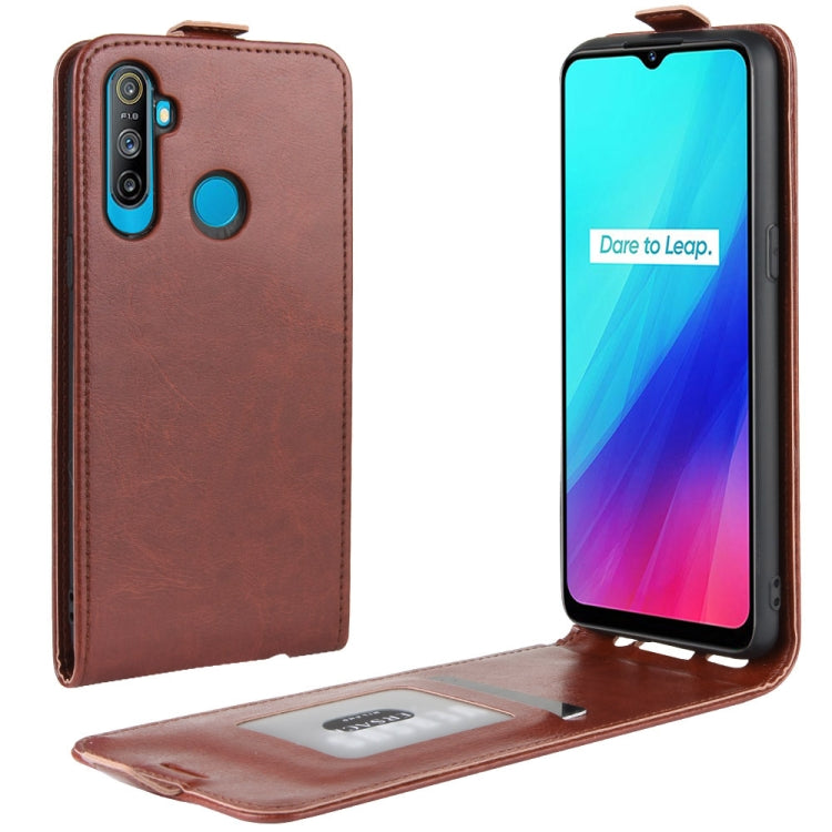 Brown PU leather flip phone case with card slot and camera cutouts, front and opened view