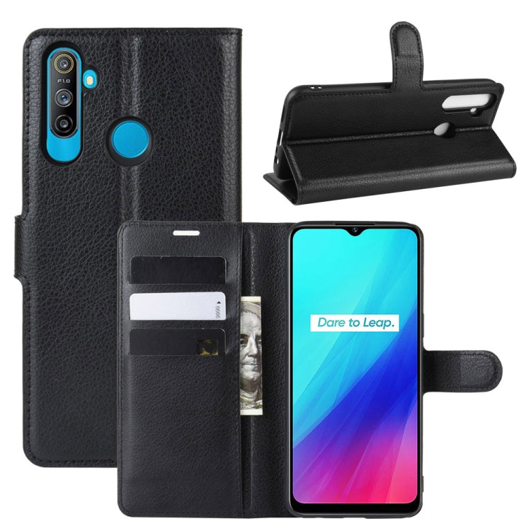 Black litchi-texture flip phone case with card slots and stand