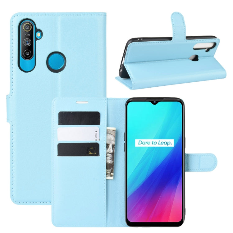 Blue litchi-texture folio wallet phone case with card slots and stand holder