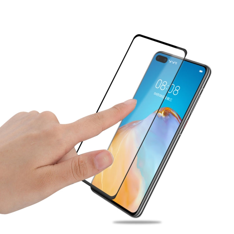 Tempered glass screen protector film for Huawei P40, hand applying to phone