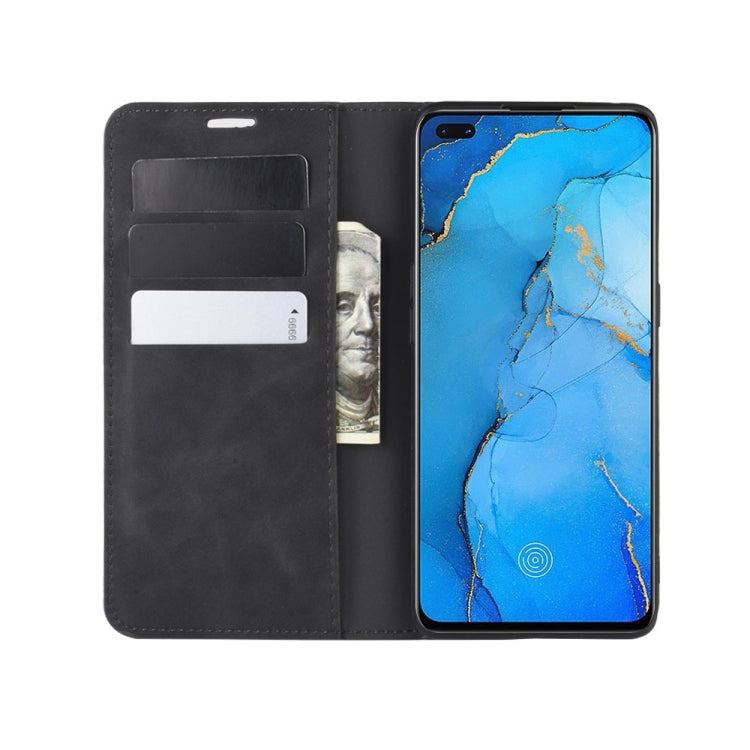Black leather wallet phone case with two card slots and magnetic closure for Oppo Reno3 Pro