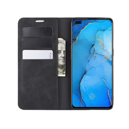 Black leather wallet phone case with two card slots and magnetic closure for Oppo Reno3 Pro