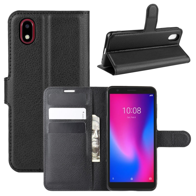 Black litchi texture flip wallet case with card slots and stand holder for phone