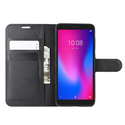 Black flip wallet case with phone secured and card slot panel on the left