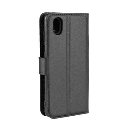 Black litchi texture phone case with camera cutout and side strap