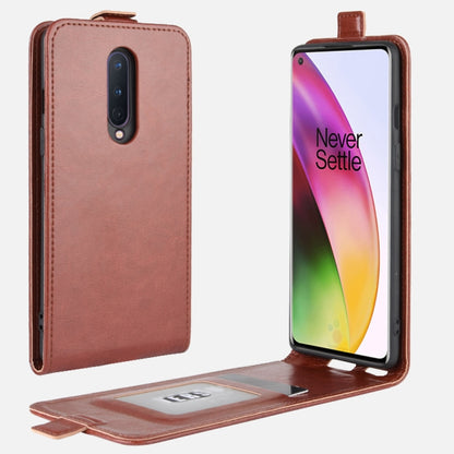 Brown leather vertical flip phone case with card slots and photo frame, phone shown